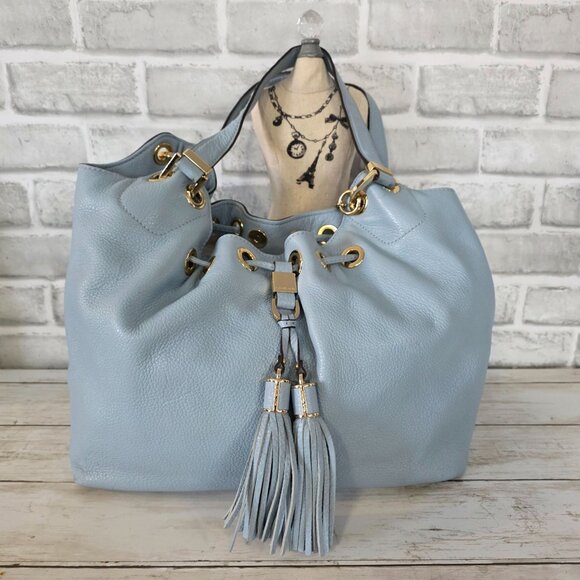 Michael Kors Camden Pebbled Leather Drawstring Bag Light Blue Tasseled Classic - Picture 12 of 12